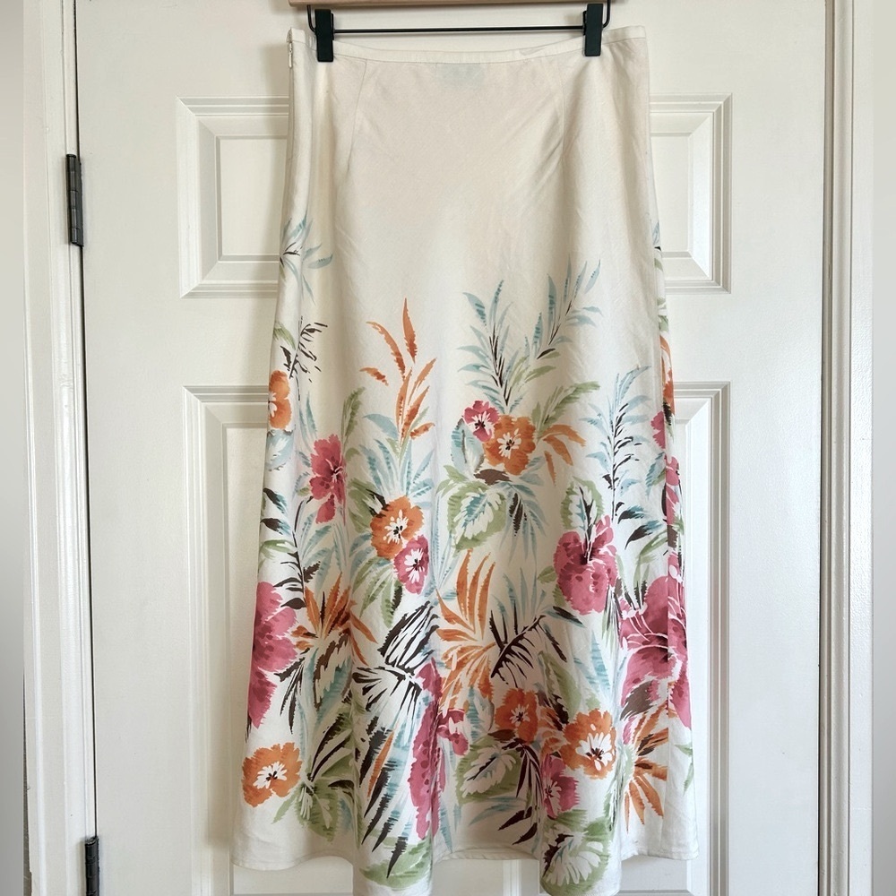 Talbots Linen Cotton Blend A-Line Off White & Floral Midi Skirt Size 12 - Picture 3 of 12